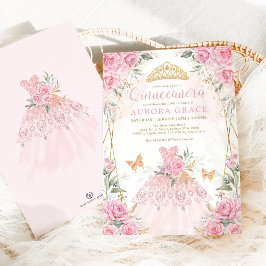 Söt Rosa Guld Ro Princess Dress Quinceañera Inbjudningar