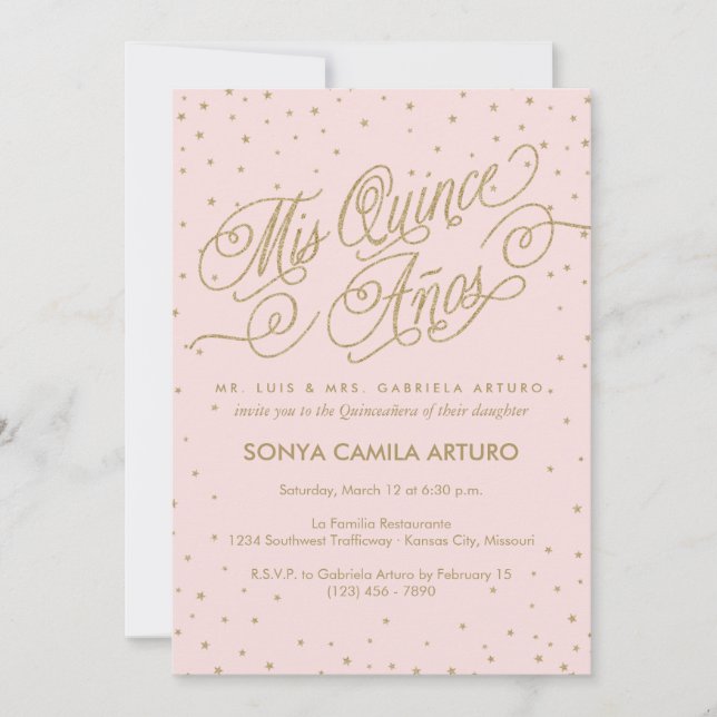 Söt Rosa & Guld Stars Quinceañera 15:e födelsedage Inbjudningar (Framsida)