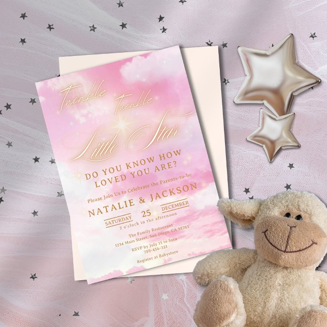 Söt Rosa & Guld Twinkle Little Star Baby Shower Inbjudningar (Sweet Pink & Gold Twinkle Little Star Baby Shower Invitation)