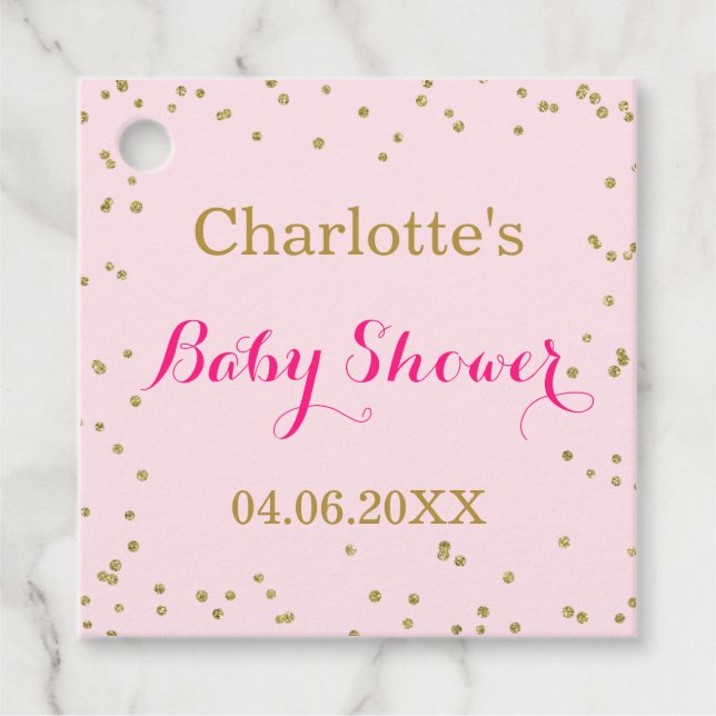 Söt rosa guldglitterkonfetti baby shower gåvor etiketter (Framsida)