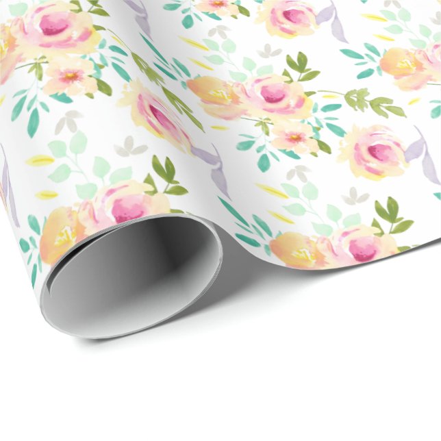 Söt Rosa Gult Blommigt Vattenfärg Presentpapper (Rullad Hörn)