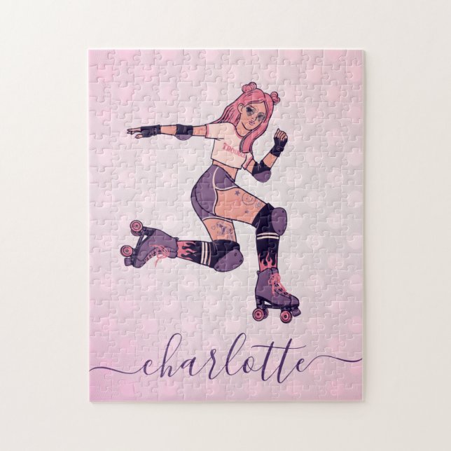 Söt Rosa Hair Girl Rollerblading Skater Namn Pussel (Vertikal)