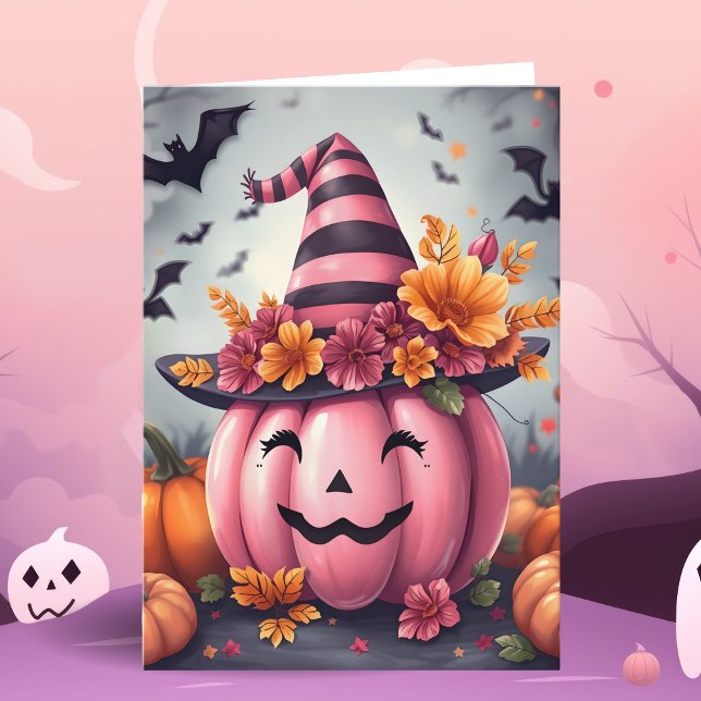 Söt rosa Halloween-pumpa Jack-o-lantern Kort (Skapare uppladdad)