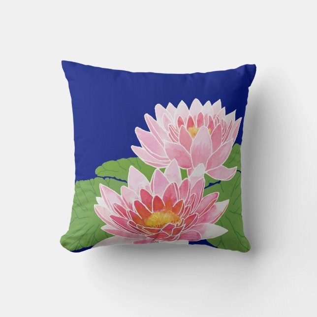 Söt Rosa Hand-målade Vatten Lilies på Blue Kudde (Framsida)