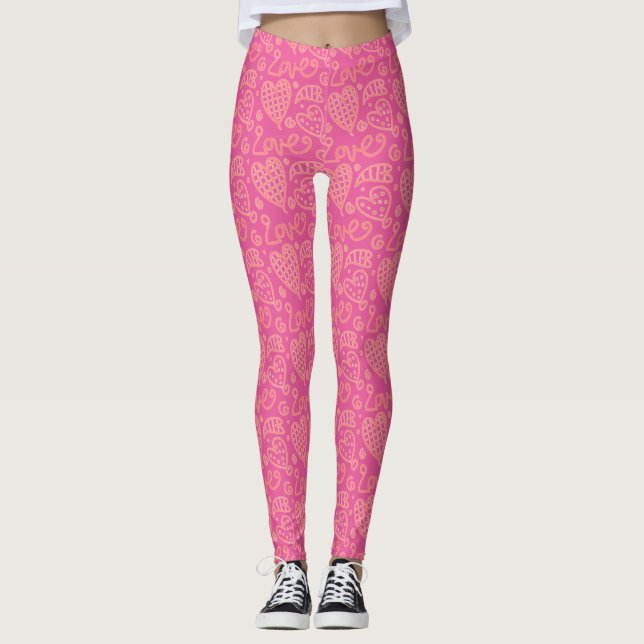 Söt Rosa Handdragen Heart Mönster Leggings (Framsida)