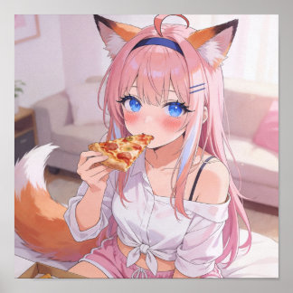 Söt rosa hår räv flicka äter pizza poster