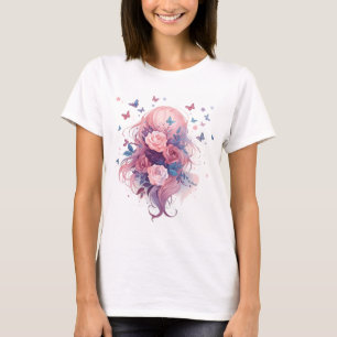 Söt rosa hårblomma animeflicka med fjärilar t shirt