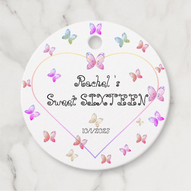 Söt Rosa Heart Butterflies Sweet 16 Birthday Gåvor Etiketter (Framsida)