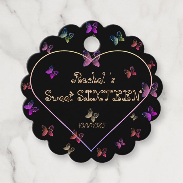 Söt Rosa Heart Butterflies Sweet 16 Birthday Gåvor Etiketter (Framsida)