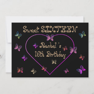 Söt Rosa Heart Butterflies Sweet 16 Birthday Inbjudningar