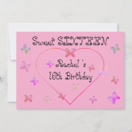 Söt Rosa Heart Butterflies Sweet 16 Birthday Inbjudningar