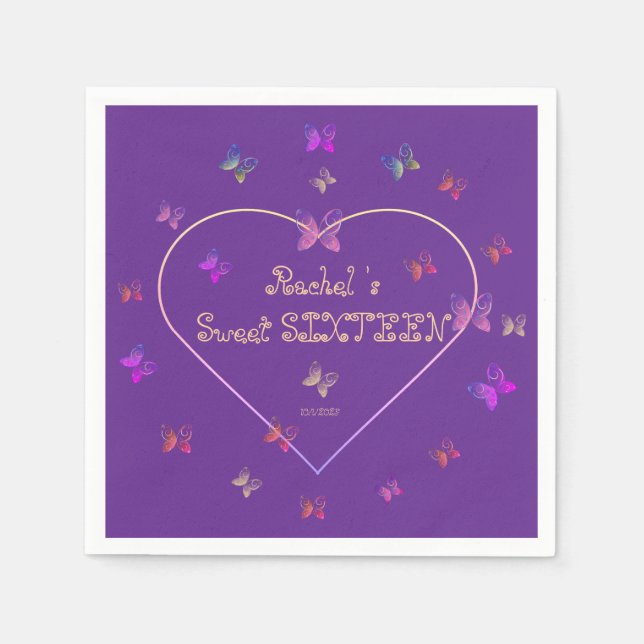 Söt Rosa Heart Butterflies Sweet 16 Birthday Pappersservett (Framsidan)