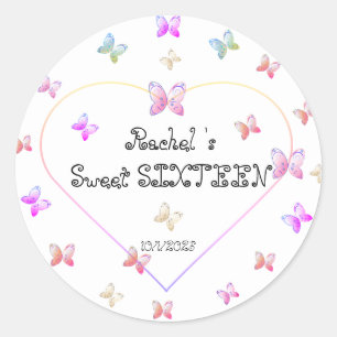 Söt Rosa Heart Butterflies Sweet 16 Birthday Runt Klistermärke
