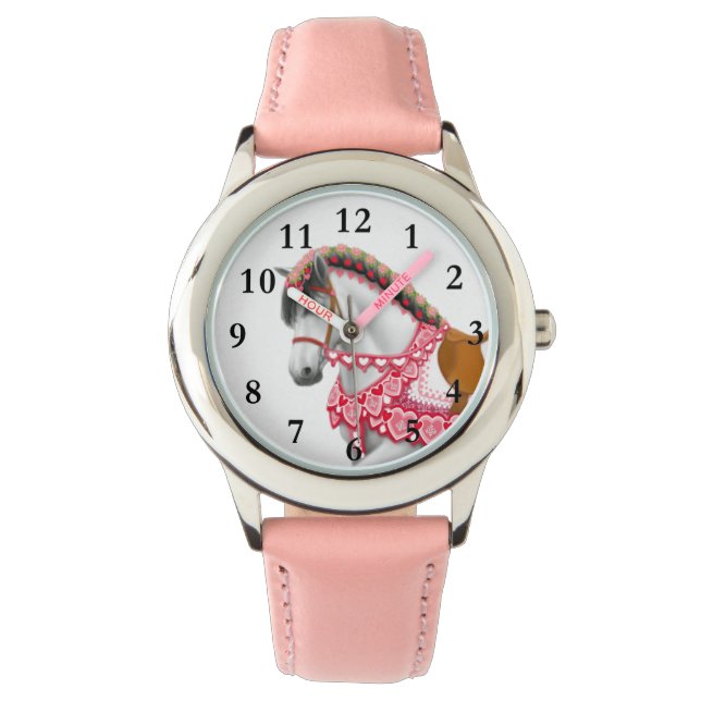 Söt Rosa Heart Parad Horse Kids Watch Armbandsur (Framsida)