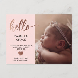 Söt Rosa Hej Foto Baby Tillkännagivande Meddelande Vykort