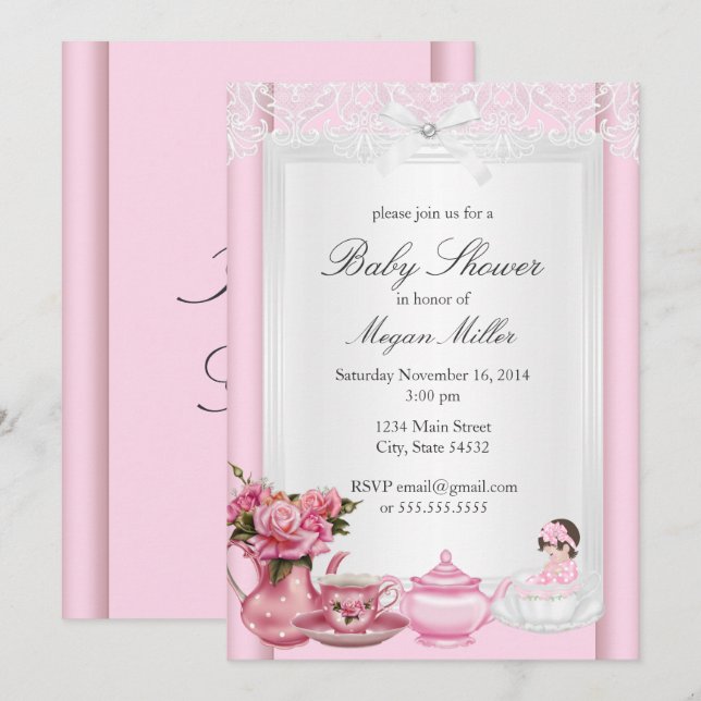 Söt Rosa High Tea Girl Baby Shower Inbjudningar (Fram/baksida)