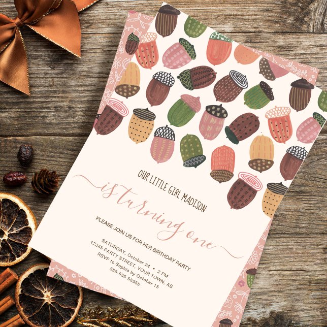 Söt rosa höstekoll flicka Första födelsedagsfest Inbjudningar (Cute Fall Pink Acorns girl First Birthday Party Invitation)