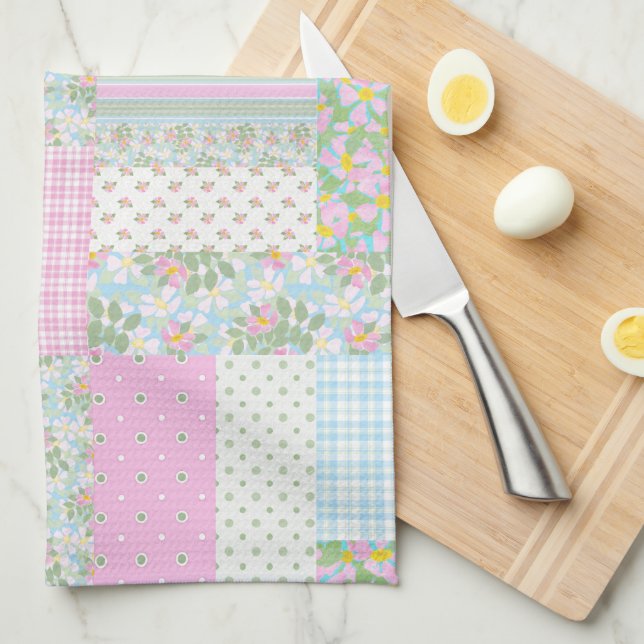 Söt Rosa Hund Faux Patchwork Kitchen Towel Kökshandduk (Vikt i Fjärdedel)