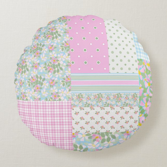 Söt Rosa Hund Faux Patchwork Round Pillow Rund Kudde (Framsidan)
