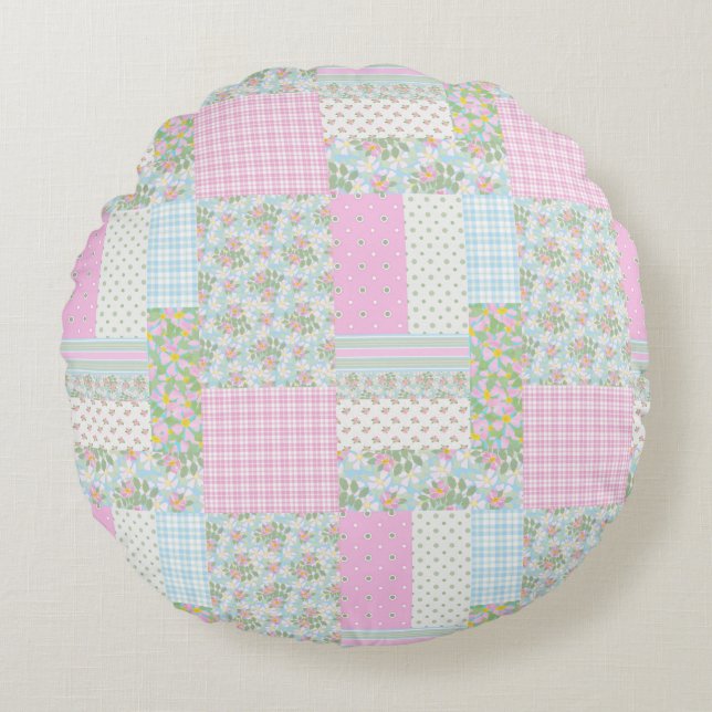Söt Rosa Hund Faux Patchwork Round Pillow Rund Kudde (Framsidan)