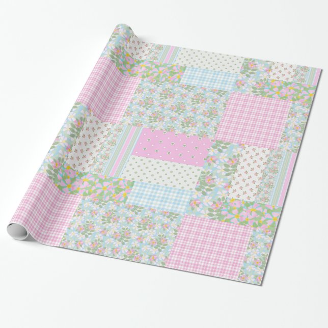Söt Rosa Hund Faux Patchwork Wrapping Papper Presentpapper (Utrullad)