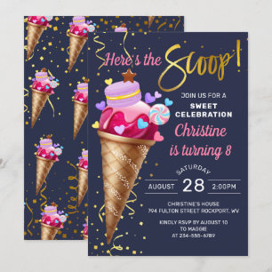 Söt Rosa Ice Cream Birthday Nave Blue Inbjudningar