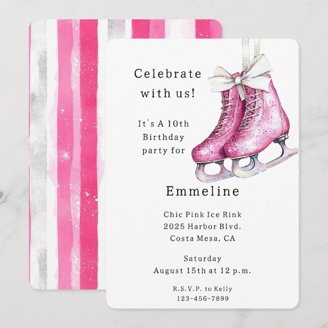 Söt Rosa Ice Skates Birthday Inbjudningar (Fram/baksida)