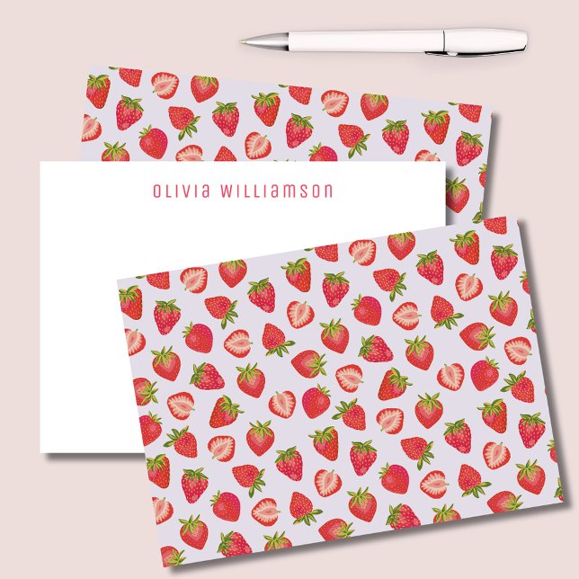 Söt rosa jordgubbe anteckningskort (Strawberry notecards with personalized name or choice of text to one side. )