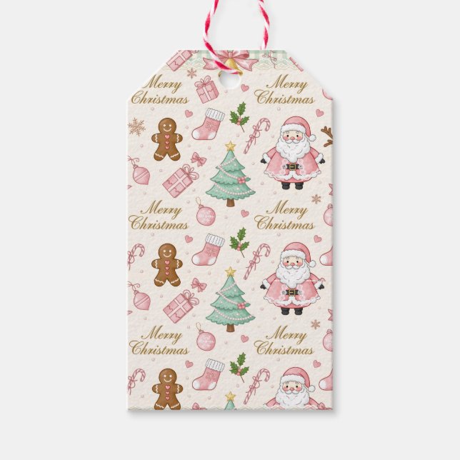 Söt rosa jul akvarell Tomte Bow Presentetikett (Framsidan)