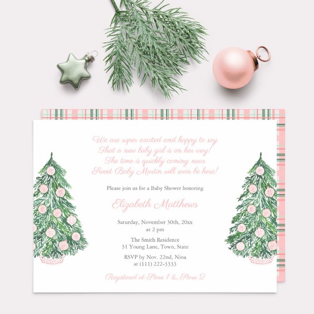 Söt Rosa jul Chinoiserie Girl Baby Shower Inbjudningar (Pink Chinoiserie Holiday Trees girl baby shower party invitation)