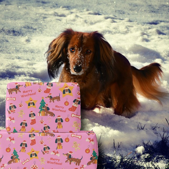 Söt rosa jul-dachshund Merry Woofmas Presentpapper (Cute festive Dachshund wrapping paper in pink, perfect for Dachshund dog lovers and the pups too!)