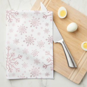 Söt Rosa jul Snöflingor på Vintervit Kökshandduk