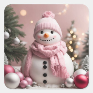 Söt Rosa jul Snögubbe Fyrkantigt Klistermärke