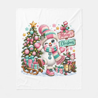 Söt rosa jul-snöman fleecefilt
