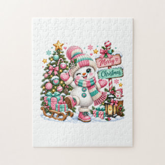 Söt rosa jul-snöman pussel