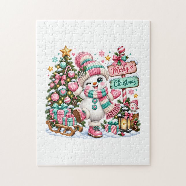 Söt rosa jul-snöman pussel (Vertikal)