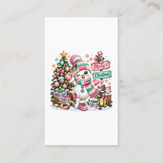 Söt rosa jul-snöman visitkort (Framsida)
