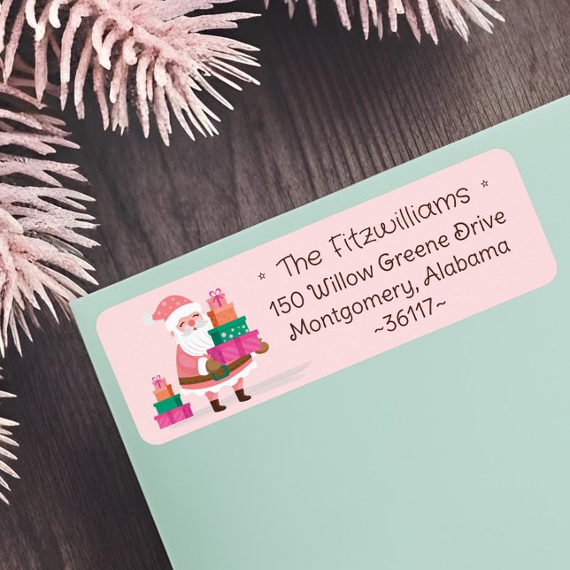 Söt rosa jul tomte som håller presenter returadress etikett (Cute Pink Christmas Santa Claus Holding Presents Label)