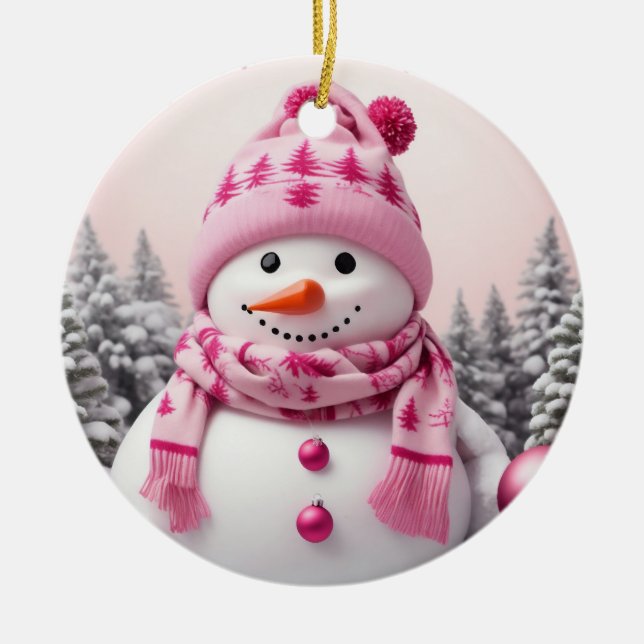 Söt Rosa Julafton Snögubbe Julgransprydnad Keramik (Framsidan)