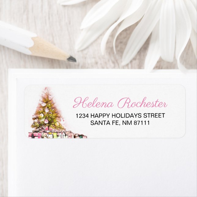 Söt Rosa Julgran & Presenter Helgdag Returadress Etikett (Insitu)