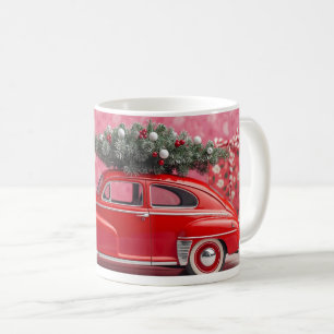 “Söt rosa julmugg – röd bil & träd julfirande Kaffemugg