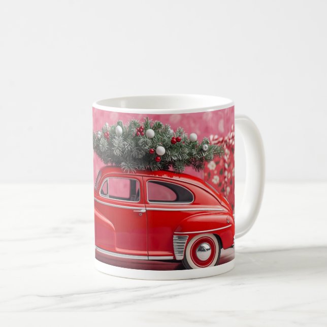 “Söt rosa julmugg – röd bil & träd julfirande  Kaffemugg (Framsida höger)