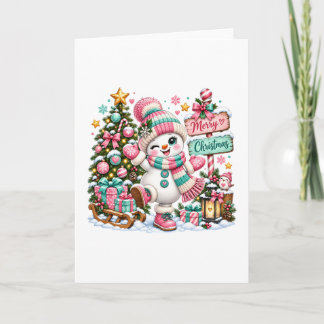 Söt rosa julsnöman kort