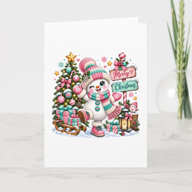 Söt rosa julsnöman kort (Framsida)