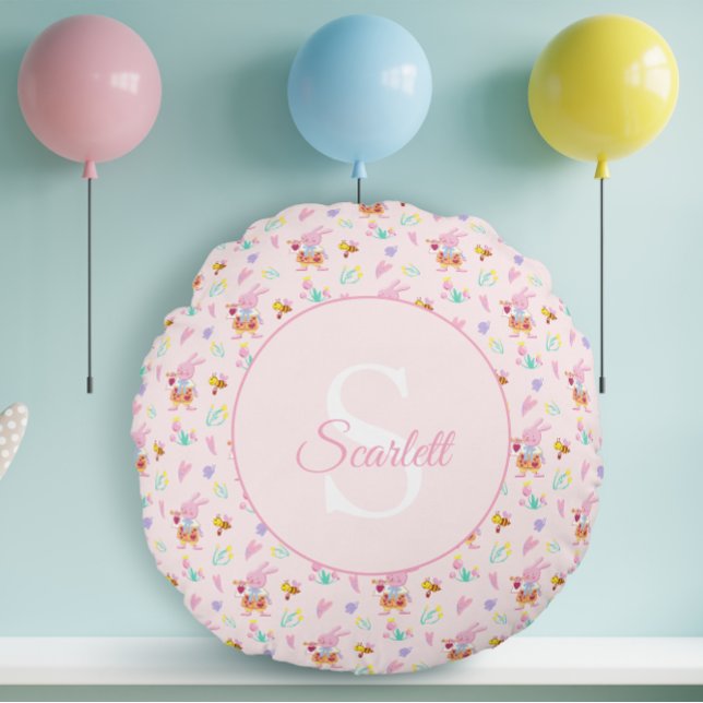 Söt Rosa Kanin Trumpet Trädgård Blå Monogram Rund Kudde (Skapare uppladdad)