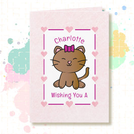 Söt Rosa Katt Tecknad Bild Adorable Kattunge Födel Kort