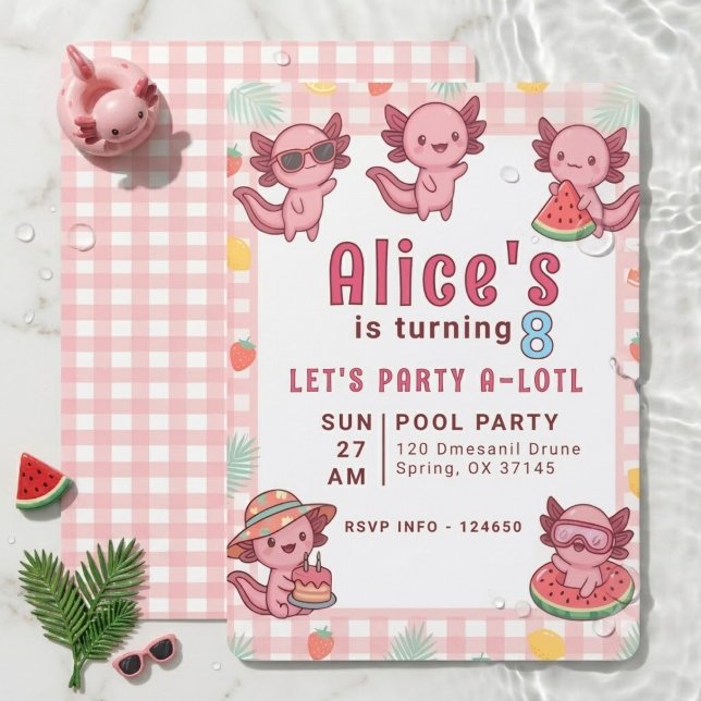 Söt Rosa Kawaii Axolotl 8-års Födelsedags Poolpart Inbjudningar (Skapare uppladdad)