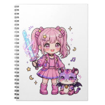 Söt Rosa Kawaii Djävuljägare Flicka med Magisk Svä