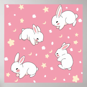 Söt rosa kawaii kanin doodle poster
