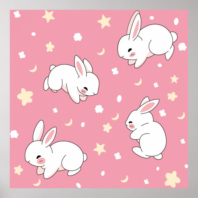 Söt rosa kawaii kanin doodle poster (Framsidan)